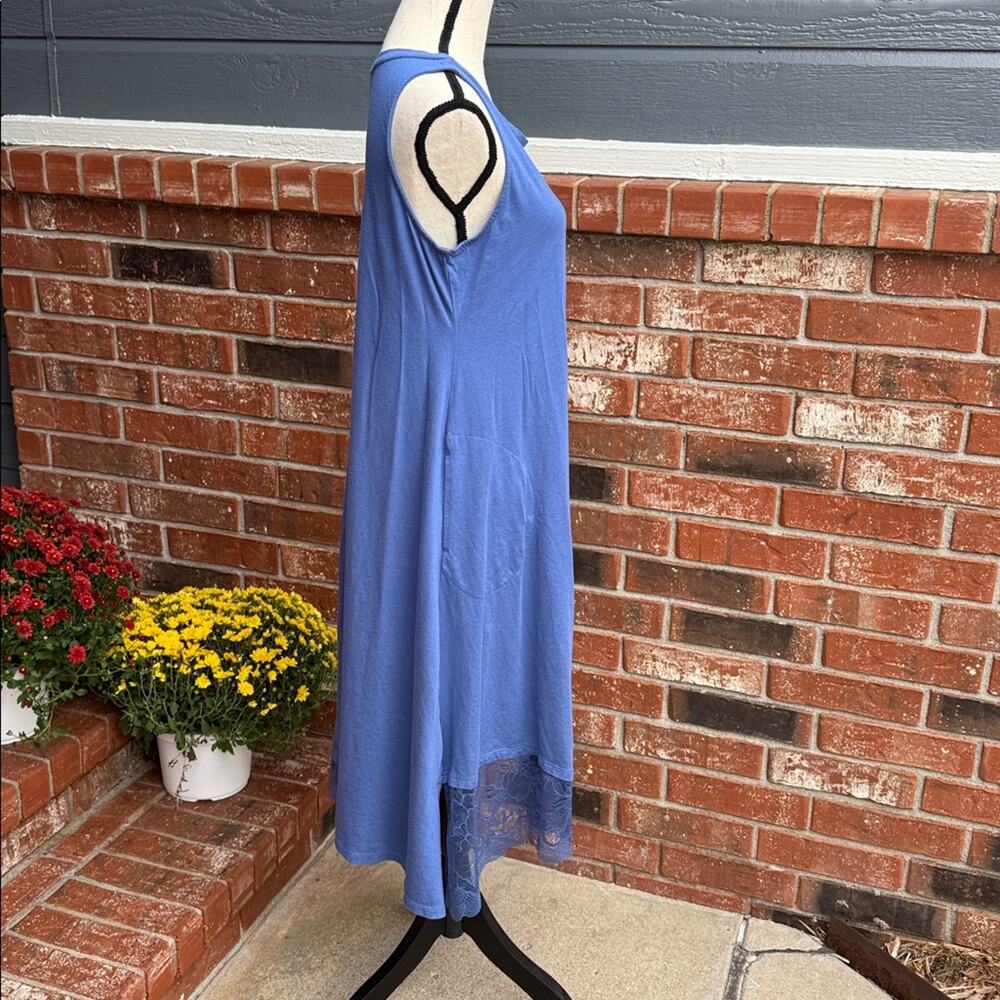 LOGO Lori Goldstein Blue Sleeveless Midi Dress Medium Lace Trim Asymmetrical Hem - Picture 5 of 8